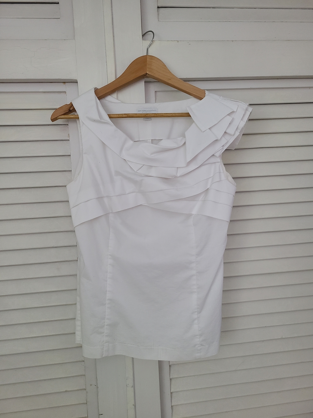 New York & Company White Asymmetric Ruffle Top